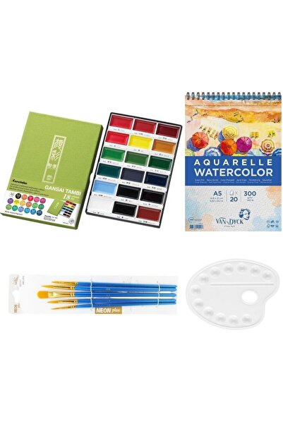 Zig Kuretake Gansai Tambi 18 Renk Tablet Suluboya Seti ve Van Dyck 300gr a5 ve Fırça Seti ve Palet