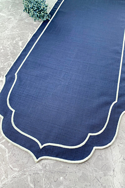 WEARE2 عداء كحلي بتأثير الكتان مقاس 40x140 سم - أبيض مع تطريز مزدوج التفاف