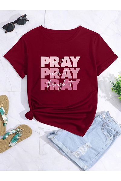 aynewmoda Тениска с щампа PRAY on it с голям размер