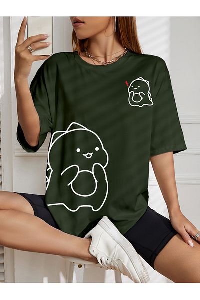aynewmoda Tricou cu imprimeu cu dinozaur drăguț supradimensionat