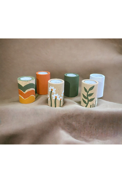 Toprak Design Ahşap tealight Mumluk,  bohem şamdan ,el boyaması mumluk