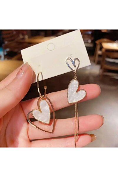 TekinAksesuar15 Asimetrik Beyaz Kalp Küpeler