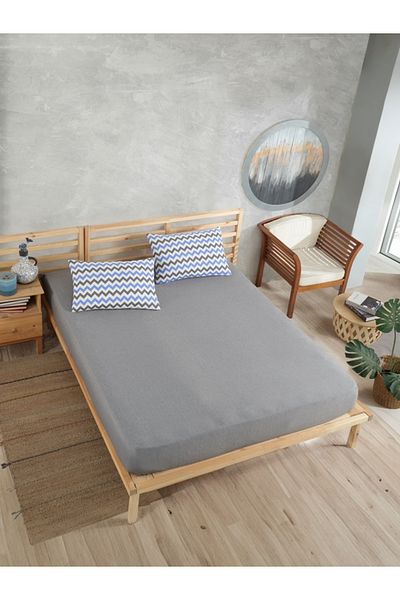 üntaş Sahran Life - Blue Gray Zigzag Combination 100x200, Single Elastic Sheet + 1 Pillowcase
