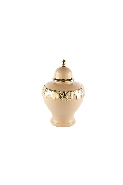 Mikasa Moor Gold Şeritli Somon Küp Kapaklı Vazo 24x24x36cm