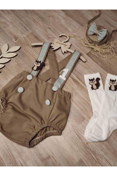 Feriatolye Squirrel Concept Romper for Baby Boy - Light Brown, Mildew Green Salopet and Bow Tie Socks Set