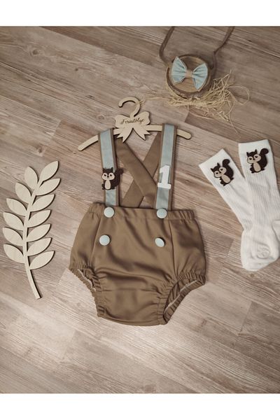 Feriatolye Squirrel Concept Romper for Baby Boy - Light Brown, Mildew Green Salopet and Bow Tie Socks Set