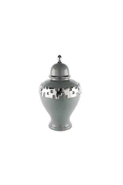 Mikasa Moor Silver Şeritli Grey Küp Kapaklı Vazo 27x27x46cm