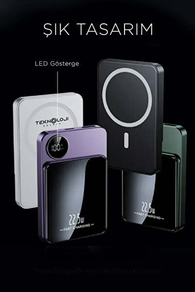 Teknoloji Gelsin Magsafe Powerbank 10.000 mAh 22.5 Watt Hızlı Şarj Göstergeli Kablosuz Taşınabilir Şarj Type-C/Usb