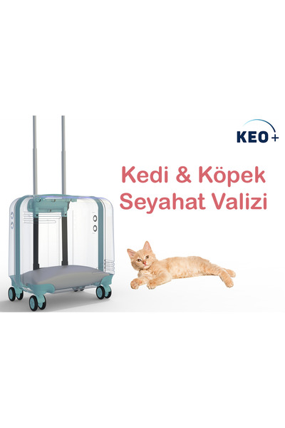 Diseno Keo Plus Şeffaf Renk Pet Kediniz Ve Köpeğiniz Için Tekerlekli Seyahat Valizi - Turkuaz Aksesuarlı
