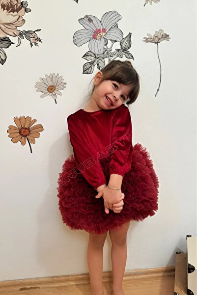 penu baby kids Bordo Altı Tütü Etekli Kadife Uzun Kollu Kız Bebek Elbise