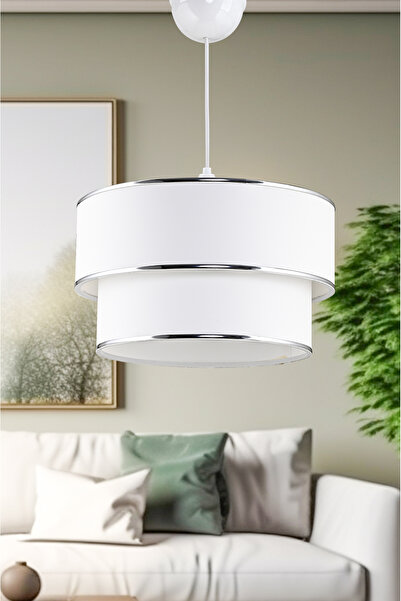 Emg DesiGn Beyaz Krom Şeritli Kumaş Pasta Avize