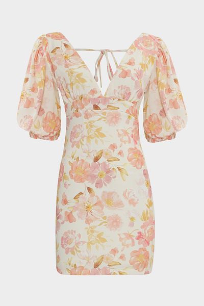 Açelya Okcu Deep V Cut Out Floral Print Mini Women's Dress