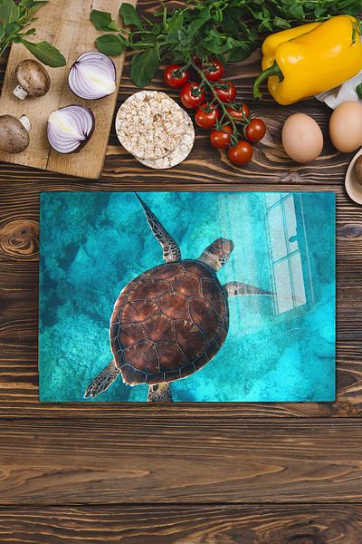 Postifull Glass Cutting Board - Turtle Themed - 21*30cm - Chopping Board - Aesthetic, Decorative Presentation Board