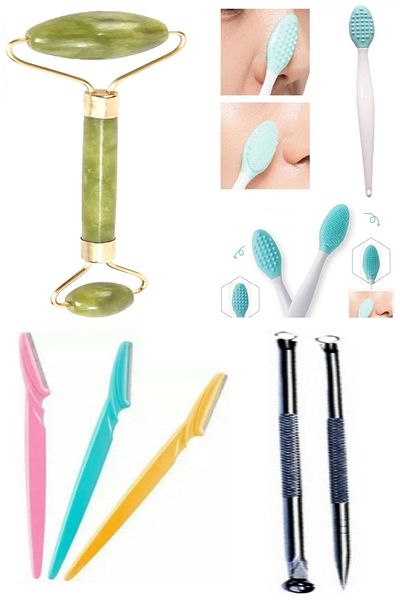 TİNEKE Jade Stone_ Face and Skin Cleansing Brush Strawberry _ 3-Piece Eyebrow Razor and 2-Piece Acne Cleanser Comedone