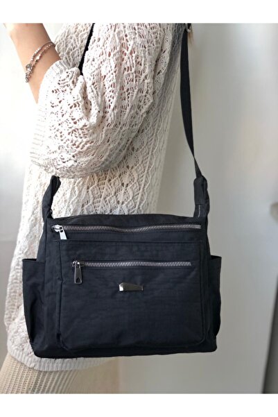 samilon Samılon Siyah Kadın Kırınkıl Bol Gözlü Çapraz Omuz Çantası