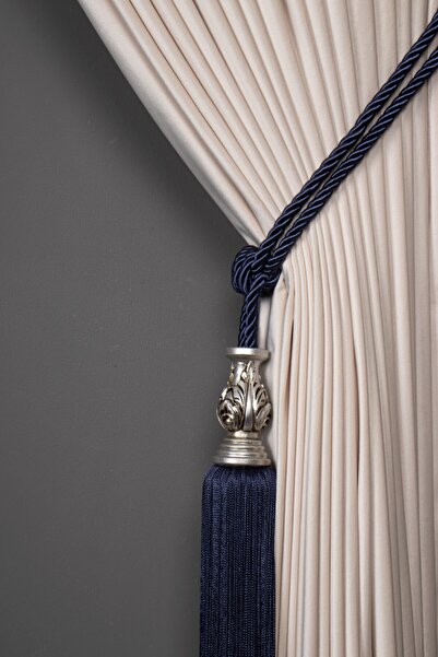 Saççax Exclusive Lacivert Renk Gümüş Karot Detaylı Fon Perde Bağı Klasik Barok Püsküllü Braçol