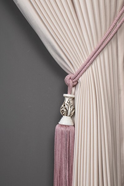 Saççax Exclusive Gül Kurusu Beyaz Karot Detaylı Fon Perde Bağı Bambu Barok Püsküllü Braçol