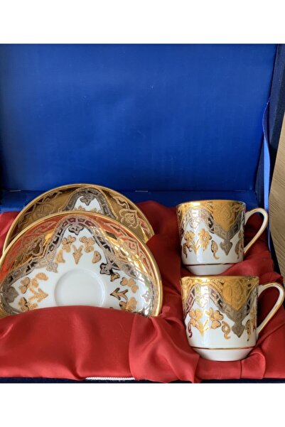 Güral Porselen El Dekoru  Altın Yaldızlı Türk Kahve Fincan Takımı 2 Kişilik