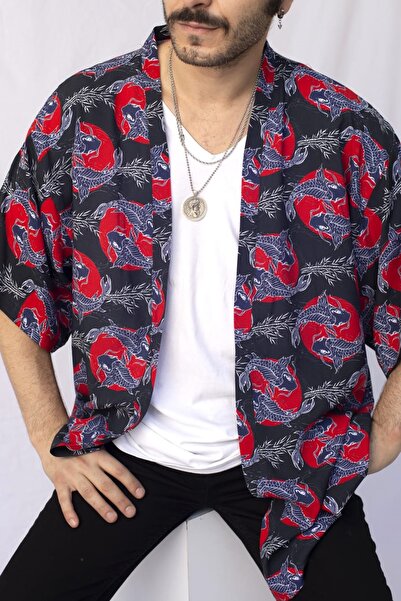 Vatkalimon Unisex Kırmızı Desenli Kimono Gömlek