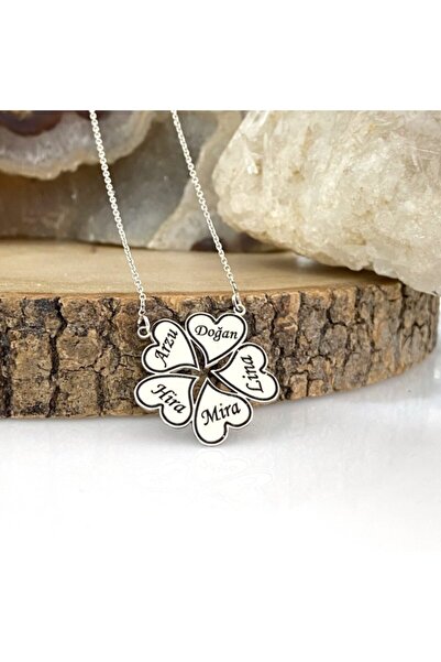 MaGümüş 5 Beş Isimli Yonca Kalp Yapraklı Aile Kolyesi Gümüş Kolye