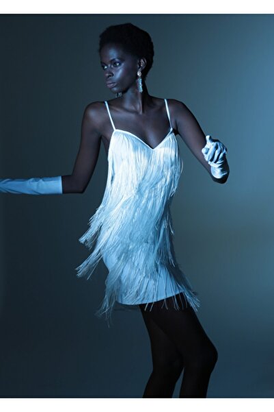 BERFUĞ KIRAN Askılı Püsküllü Kısa Abiye Elbise