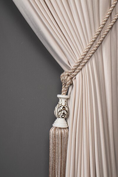Saççax Exclusive Vizon Ve Krem Renk Beyaz Karot Detaylı Fon Perde Bağı Bambu Barok Püsküllü Braçol
