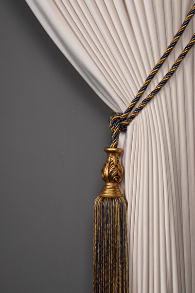Saççax Exclusive Lacivert Ve Gold Renk Altın Karot Detaylı Fon Perde Bağı Çift Renk Barok Püsküllü Braçol