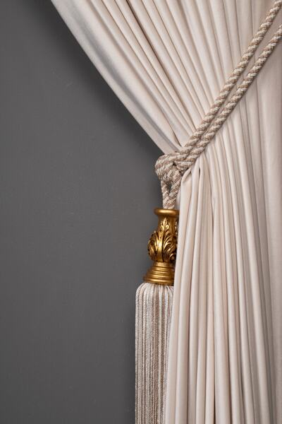 Saççax Exclusive Vizon Ve Krem Renk Altın Karot Detaylı Fon Perde Bağı Bambu Barok Püsküllü Braçol