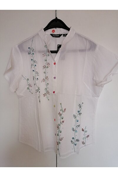 Butik Tülin Otantik Pamuk Beyaz Çiçek Nakışlı Bluz