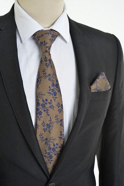 Brianze Navy Blue Flower Pattern Gold Yellow Handkerchief Tie Mkch-3
