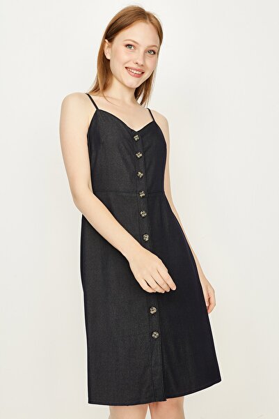 Select Moda Rochie de damă albastru închis cu bretele cu nasturi mini din denim