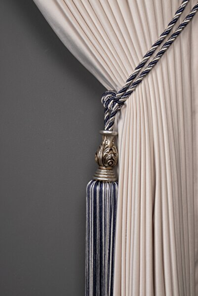 Saççax Exclusive Albastru Marin și Crem Culoare Argintiu Detaliu Carot Fundal Cortina Broderie Dublă Culoare Baroc Brașoletă cu ciucuri