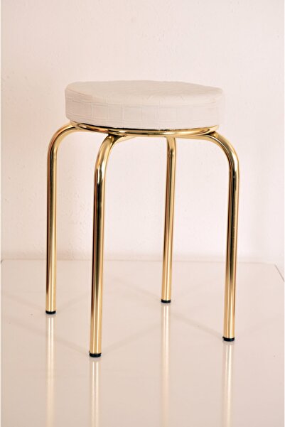 yılmaz masacılık 4 Adet Beyaz Deri Altın Profil Tabure Metal Tabure Mutfak Taburesi Kalın Tabure