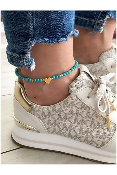 Serline Desing Women's Gold Dorica Heeled and Hearted Turquoise Natural Stone Sports Anklet