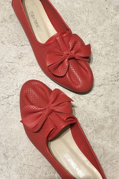 TUNAELLİ Women's Red Genuine Leather Ballerinas
