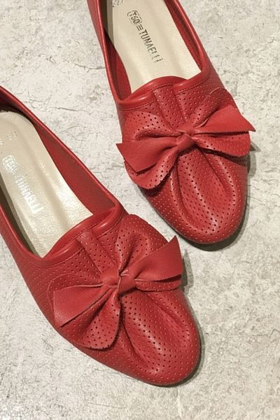 TUNAELLİ Women's Red Genuine Leather Ballerinas