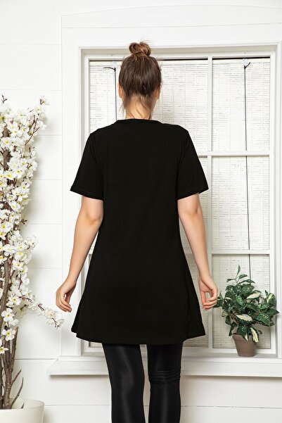 MyBen Kadın Siyah Kısa Kol Pamuklu Bisiklet Yaka Penye Tunik-içlik Slm010