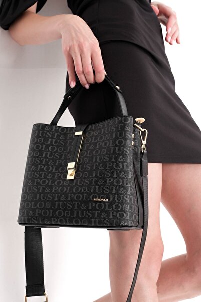 Just Polo Siyah Kadın Kilit Detaylı 3 Bölmeli El Ve Omuz Çantası 21x23cm Jp2098
