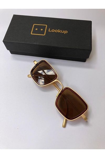 LOOKUP Lookup Unisex Small Square Stempunk Gold Metal Frame Brown Glass Sunglasses