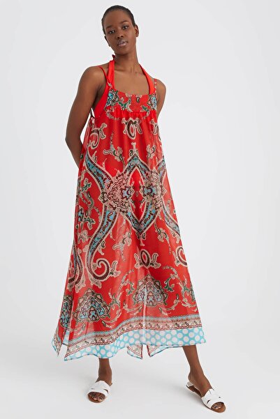 Hanna's by Hanna Darsa Kadın Kırmızı Etnik Desenli Geniş Dokuma Plaj Elbisesi