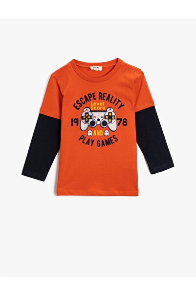 Koton Orange bedrucktes Jungen-T-Shirt aus Baumwolle mit langen Ärmeln in Orange
