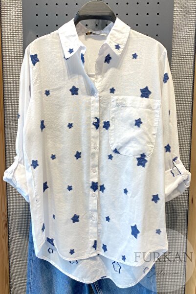 FEMELLE Kadın Beyaz Yıldız Nakışlı Ince Pamuk Gömlek
