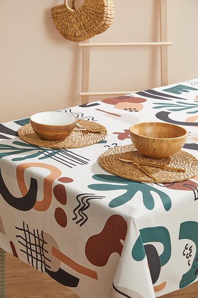 AYSHOME Cream Color Bohemian Style Abstract Pattern Stain Resistant Tablecloth