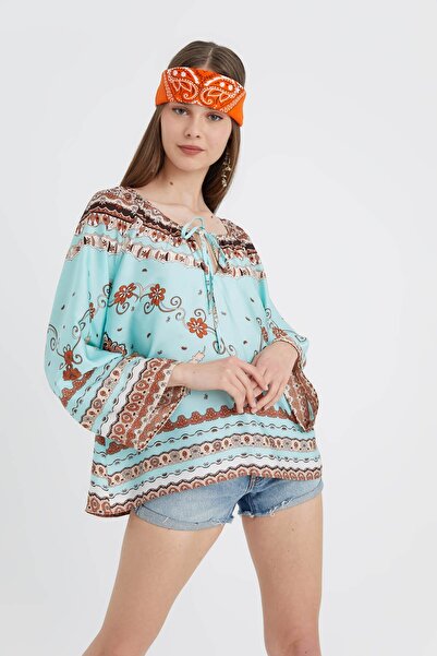 Hanna's by Hanna Darsa Kadın Mavi Etnik Desenli Dokuma Bluz