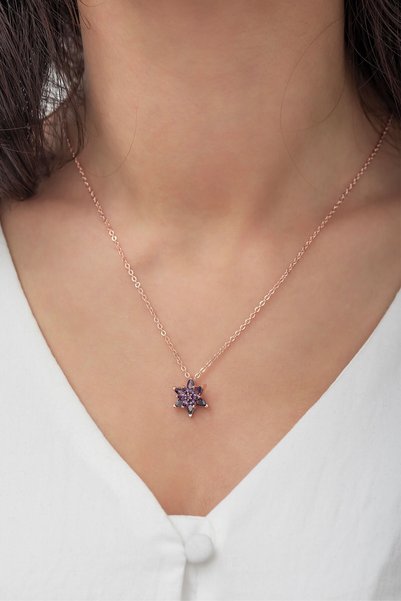 Ervanur Rose Altın Kaplama Mor Taşlı Lotus Çiçeği Kadın Kolye Yüzük Set