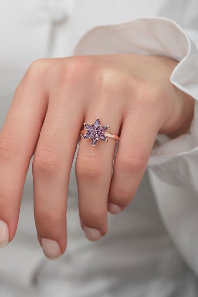 Ervanur Rose Altın Kaplama Mor Taşlı Lotus Çiçeği Kadın Kolye Yüzük Set