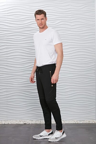 Mondo Siyah Nervürlü Cebi Fermuarlı Jogger Pantolon
