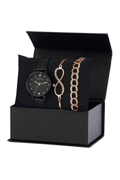 Forentina Siyah Hasır Kadın Kol Saati Bileklik Kombin - Ps186000tr
