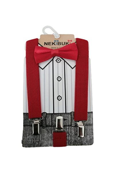 NEKİBUKİ Askılı Çocuk Papyon Takımı 1-9 Yaş Mandallı Pantolon Askılığı - Kırmızı