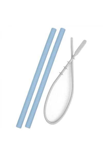 OiOi Set of 2 Silicone Straws and Cleaning Brush Blue